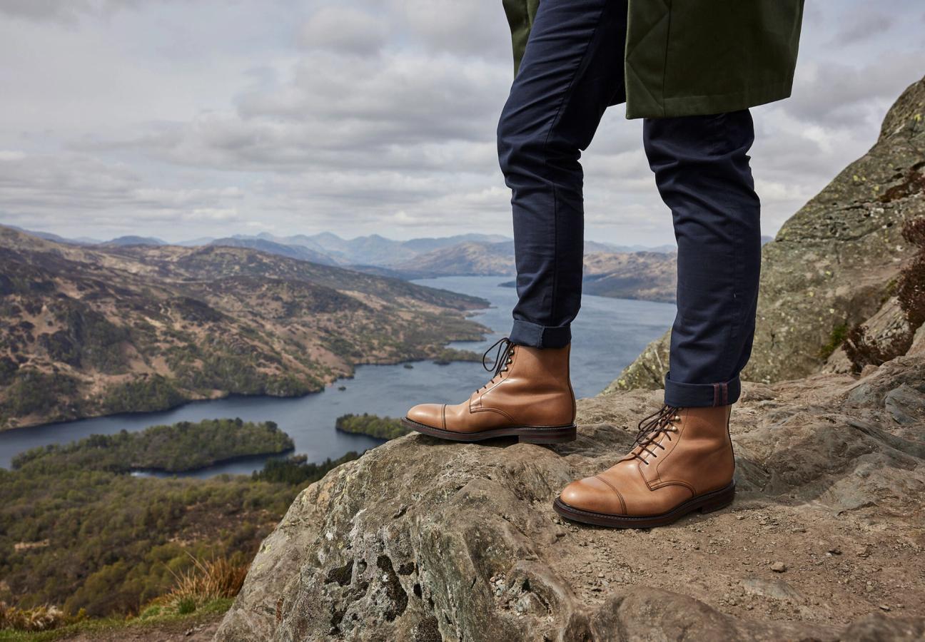 Man wearing Crockett & Jones Coniston shoes in Sand Hurricane Hide around the Trossachs