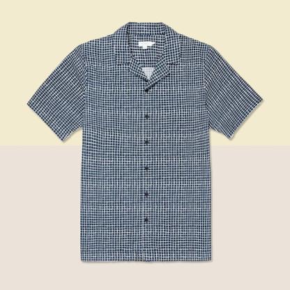 Sunspel Cotton Printed Camp Collar Shirt in Navy Shibori Grid