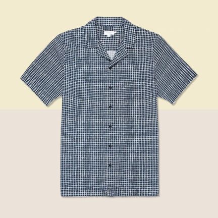 Sunspel Cotton Printed Camp Collar Shirt in Navy Shibori Grid