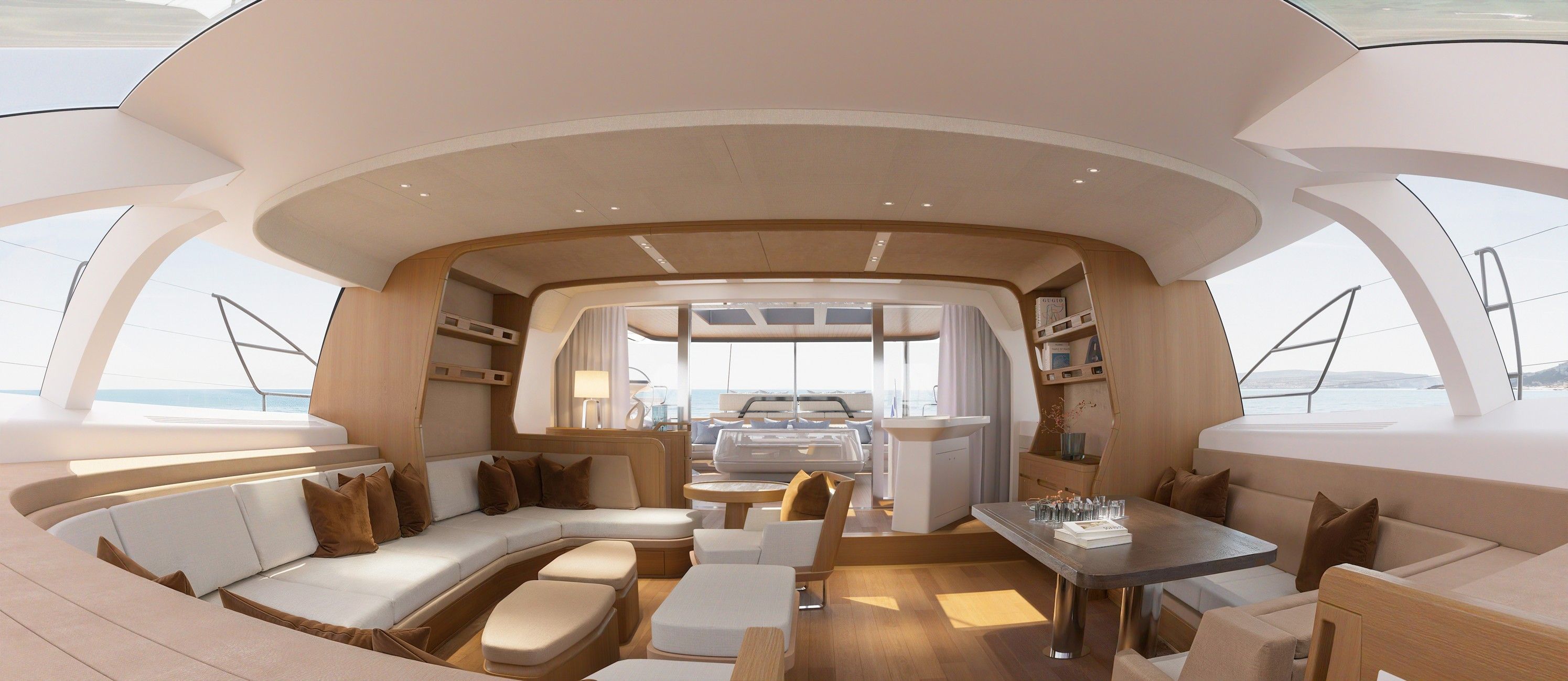 Studio Liaigre’s saloon pairs warm timber with an understated palette. Rendering.