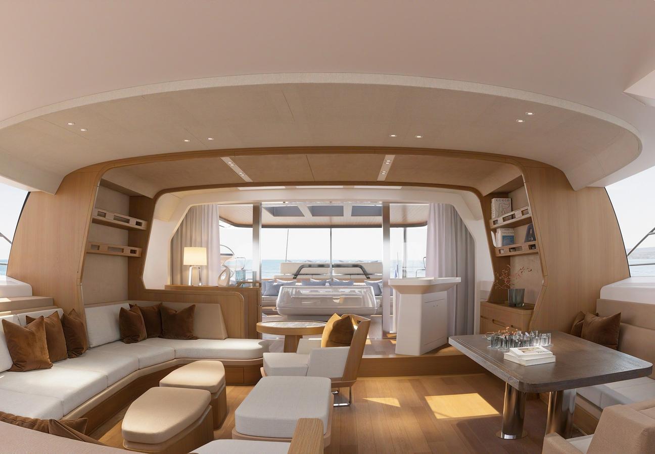 Studio Liaigre’s saloon pairs warm timber with an understated palette. Rendering.