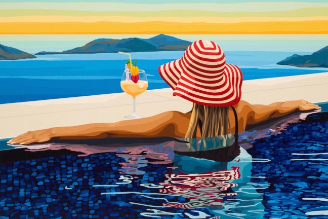 Will Martyr piece "Back to where we started" depicting a woman in a pool wearing a large red and white stripe hat