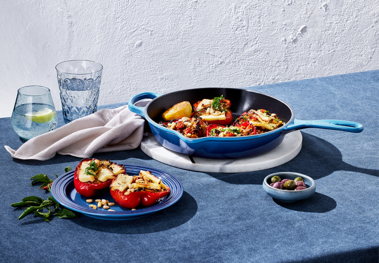 Blue Le Creuset grill, plate and small bowl