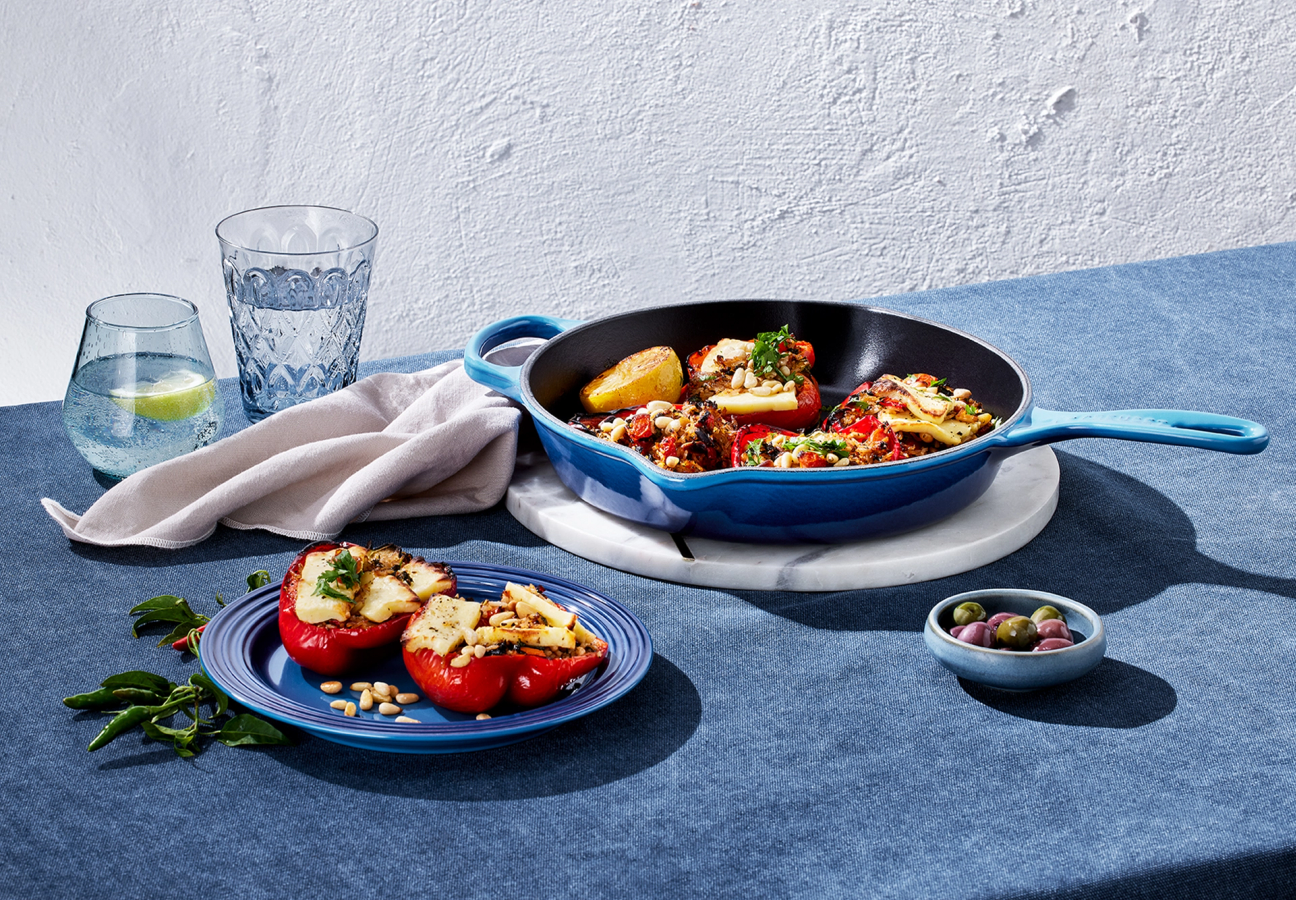 Blue Le Creuset grill, plate and small bowl