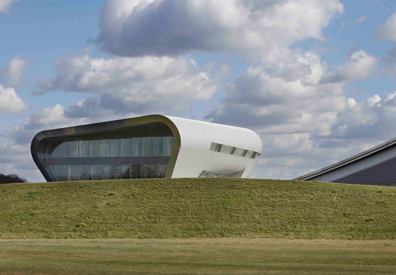 Exterior smooth curvy architecture of Farnborough Airport