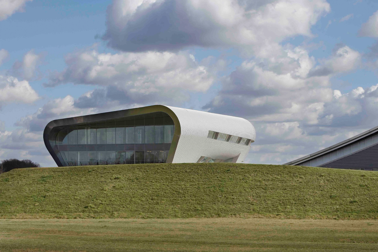 Exterior smooth curvy architecture of Farnborough Airport