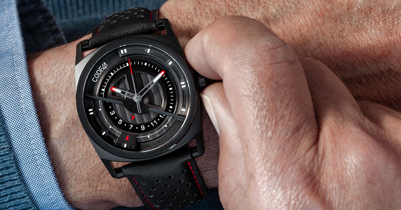 ANOMALY Evolution 42mm in black with Perforated Black and Red Seams Strap