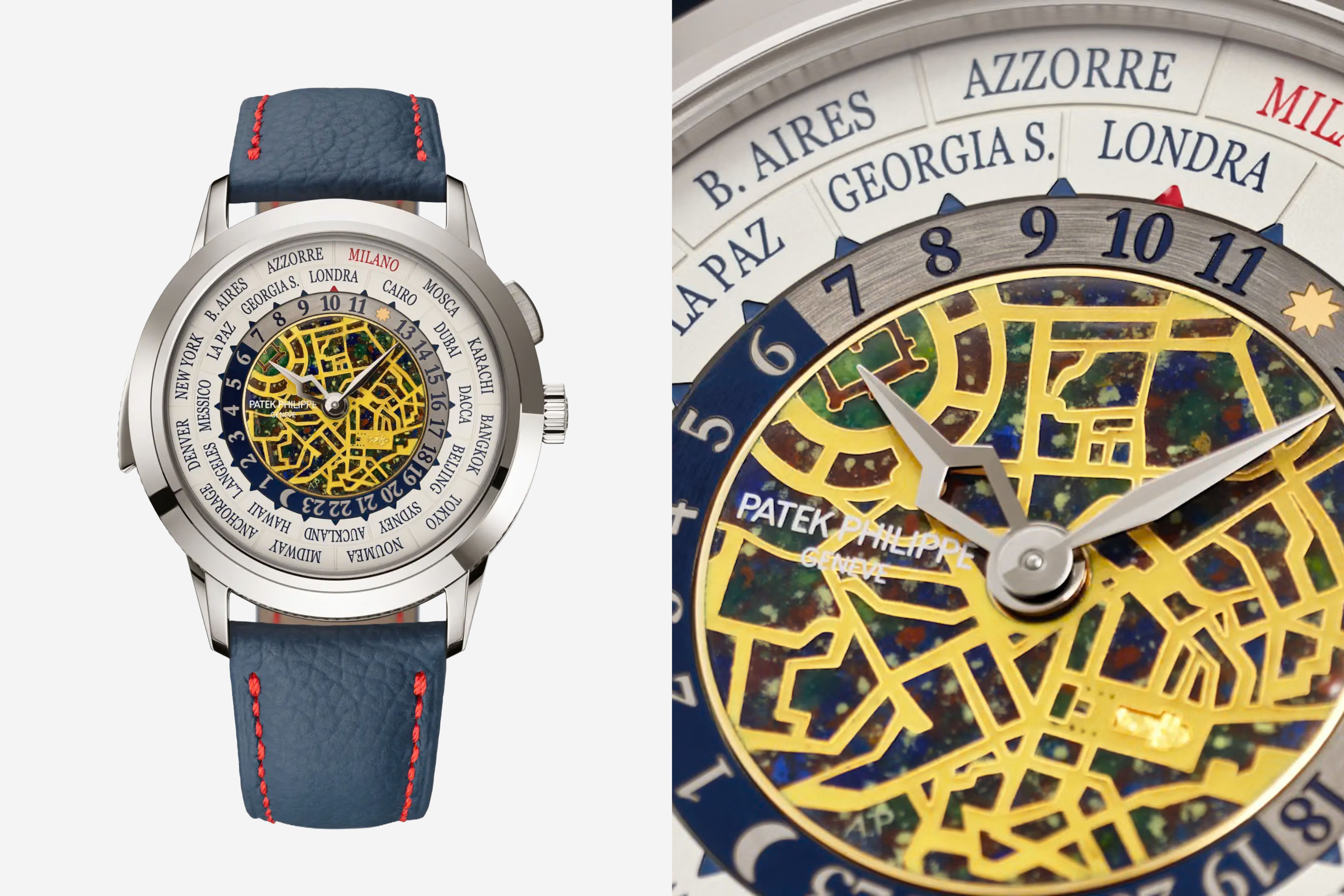 El repetidor de minutos con hora universal representa el centro de Milán de noche en esmalte cloisonné, Ref. 5531G-013.