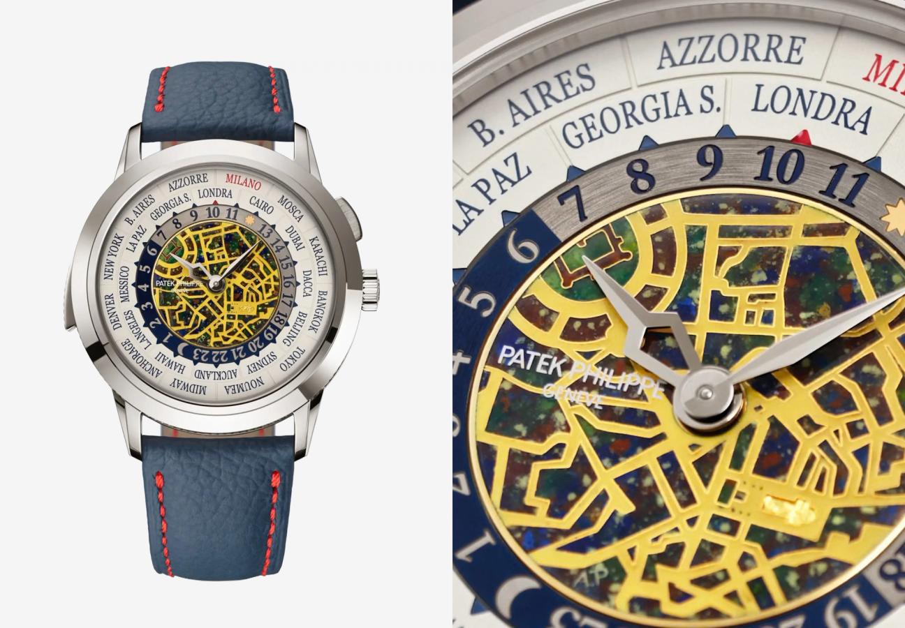 El repetidor de minutos con hora universal representa el centro de Milán de noche en esmalte cloisonné, Ref. 5531G-013.