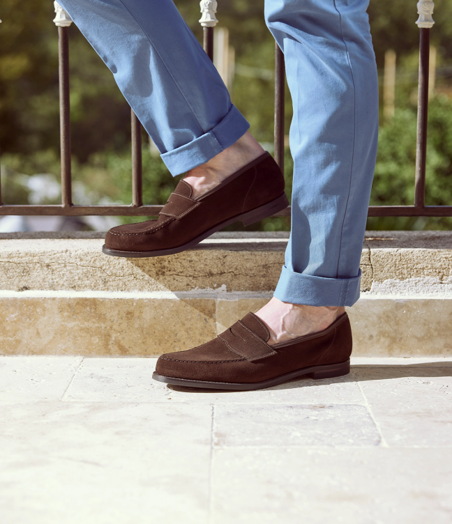Crockett and Jones Harvard 2 pennyloafer in dark brown suede