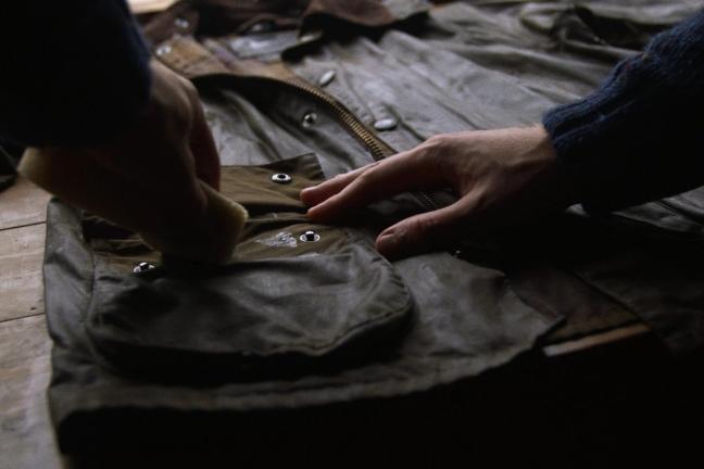 A Barbour waxed canvas jacket is rewaxed