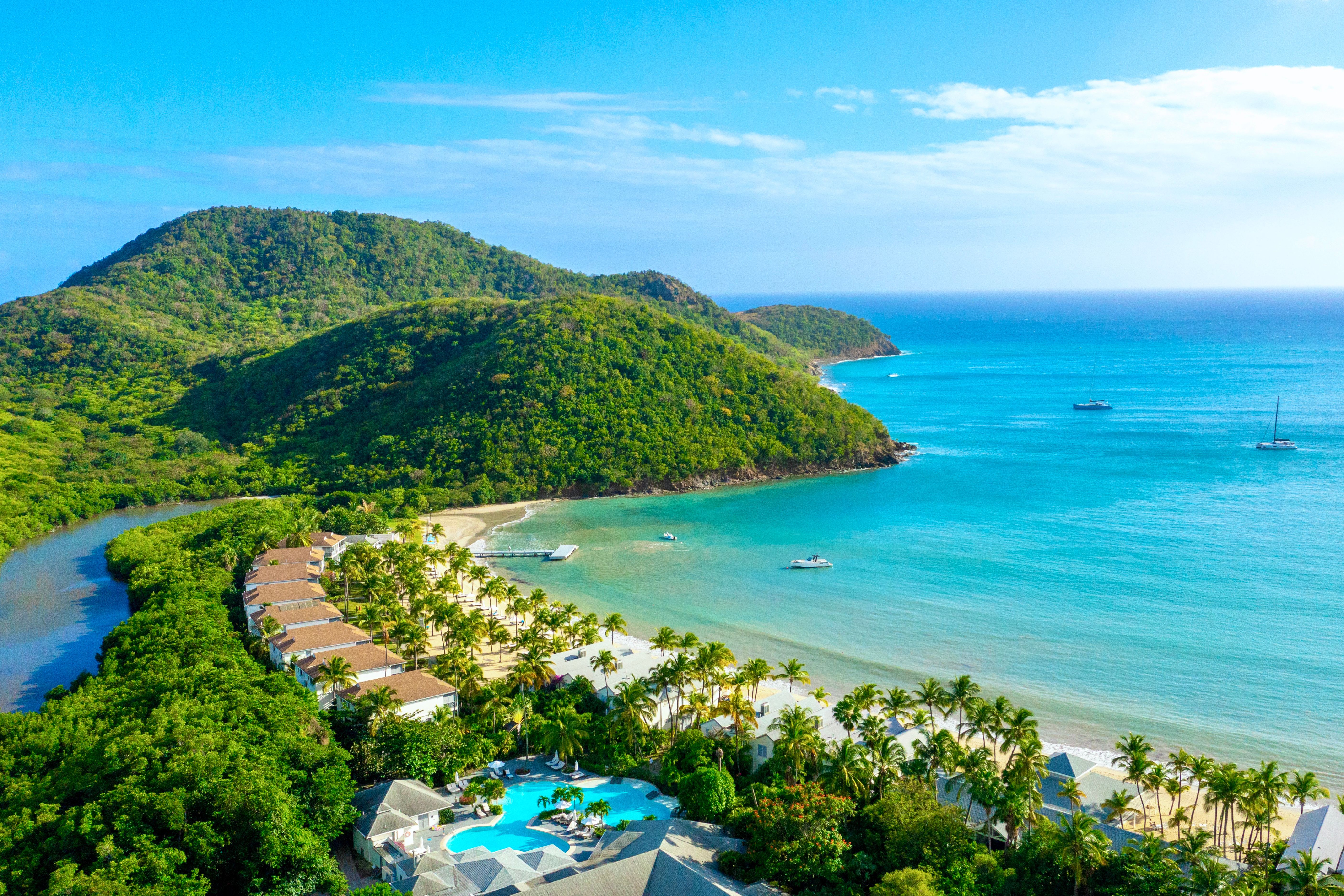 Aerial view of Carlisle Bay Antigua and its horseshoe-shaped beach