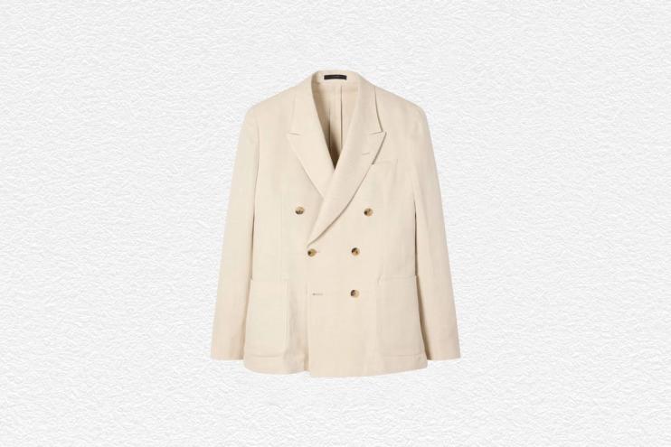 Ecru Cotton-Linen Twill Double Breasted Blazer