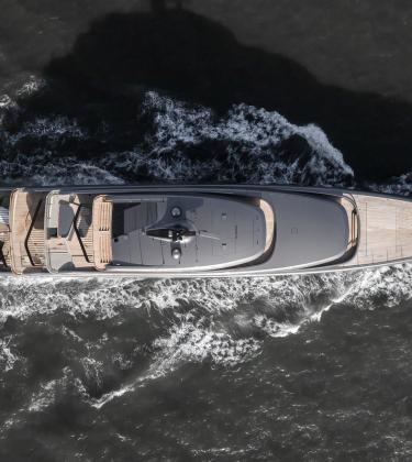 Ariel shot of Obsidian the biofuel-powered superyacht out on the water