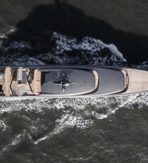 Ariel shot of Obsidian the biofuel-powered superyacht out on the water