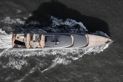 Ariel shot of Obsidian the biofuel-powered superyacht out on the water