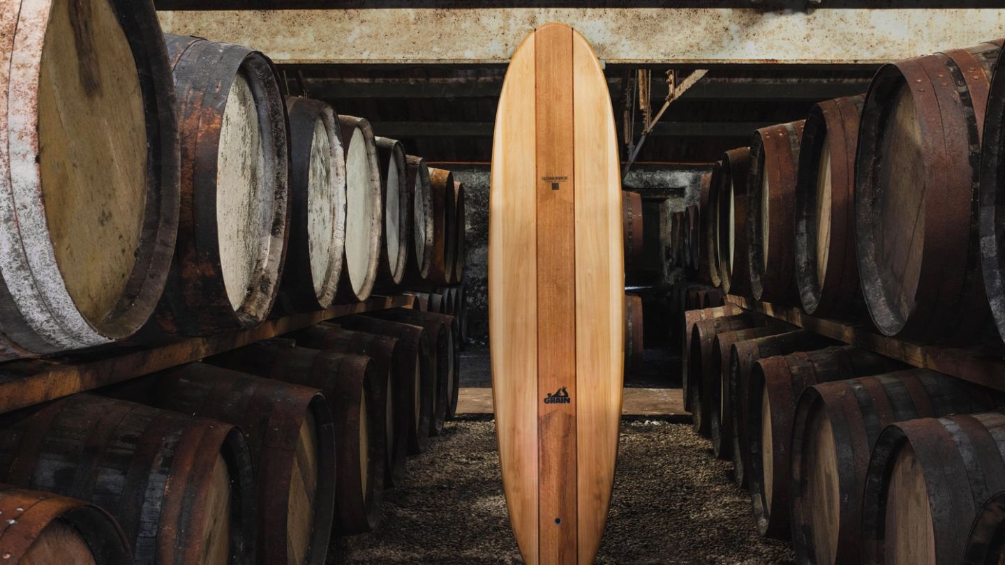 This surfboard is made from reclaimed Scotch whisky barrels