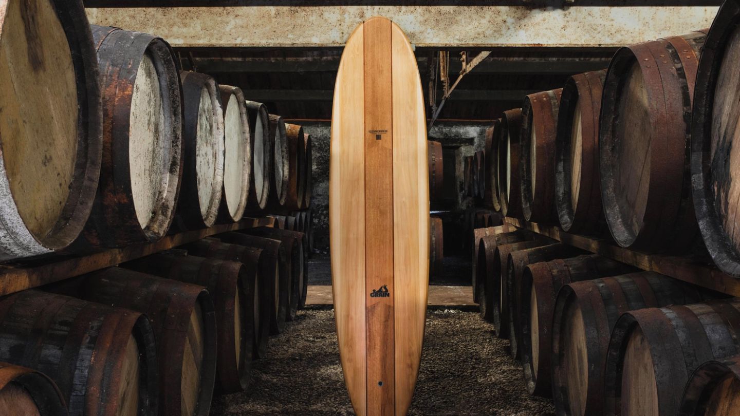 This surfboard is made from reclaimed Scotch whisky barrels