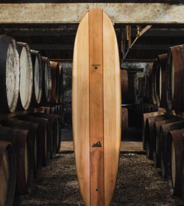 This surfboard is made from reclaimed Scotch whisky barrels