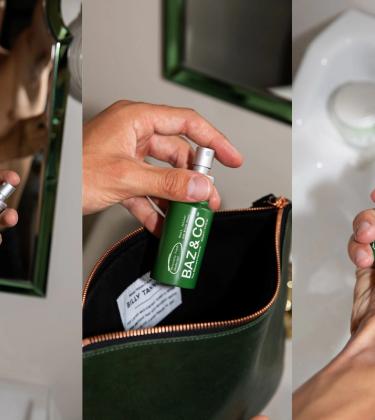 Three BAZ & CO lifestyle photographs showing deodorant in use and in a wash bag