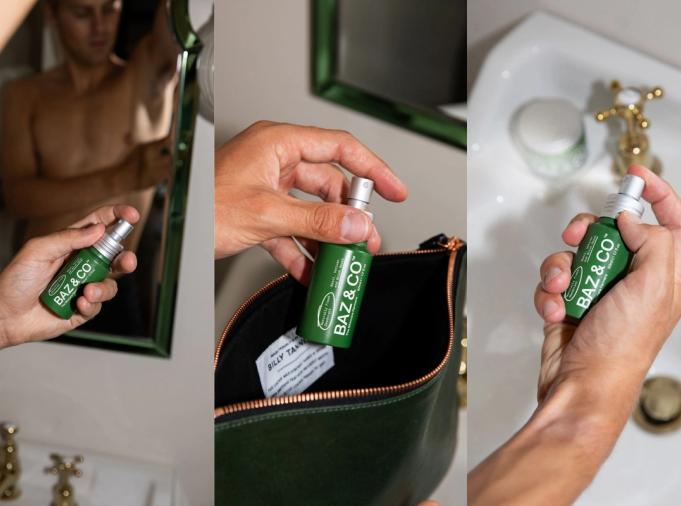 Three BAZ & CO lifestyle photographs showing deodorant in use and in a wash bag