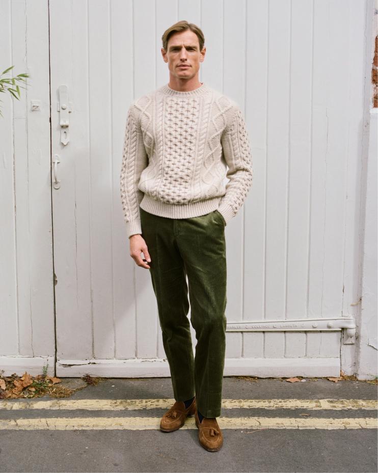 Cream Aran Cable Knit Wool & Cashmere Crew Neck Jumper