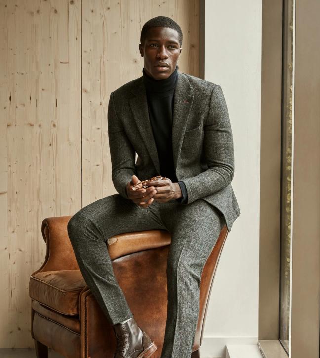 moss bros suit khaki tweed