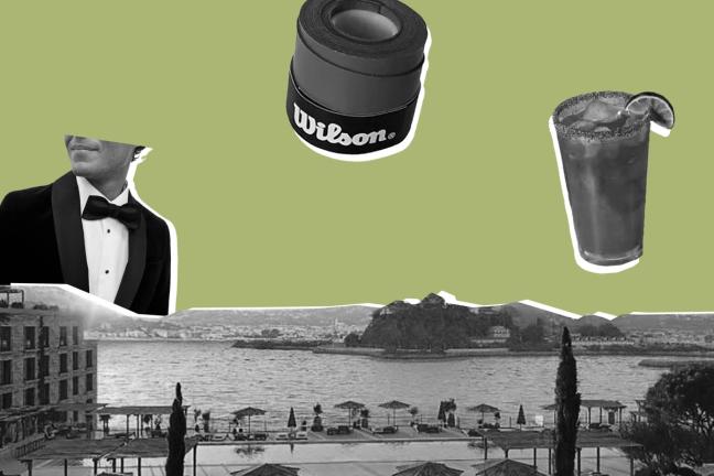 montage including wilson grip tape, cocktail, man in a black-tie suit and a coastal landscape on the waters edge.