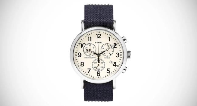 Timex Weekender Stainless Steel And Webbing Chronograph Watch with navy strap