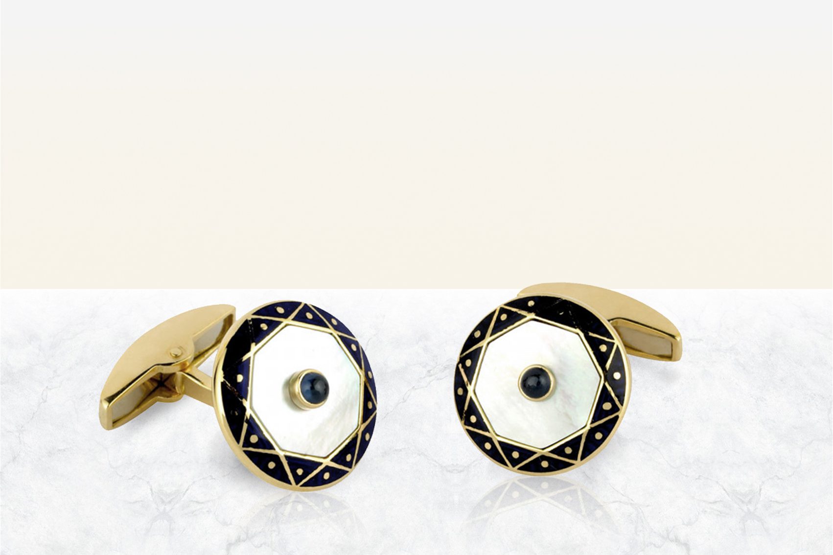 Deakin & Francis Yellow Gold Mother of Pearl and Sapphire Cufflinks