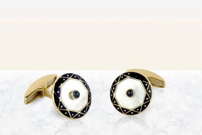 Deakin & Francis Yellow Gold Mother of Pearl and Sapphire Cufflinks