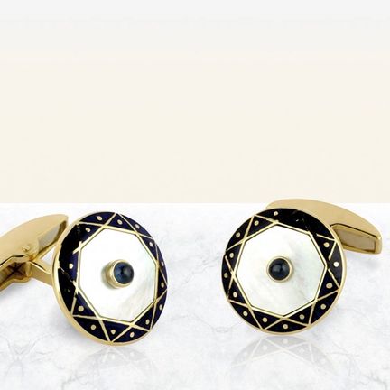 Deakin & Francis Yellow Gold Mother of Pearl and Sapphire Cufflinks