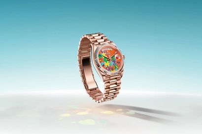 Rolex watch with jigsaw puzzle Dial, Turquoise blue, red, fuchsia, orange, green and yellow pieces fit together on a single-colour background.
