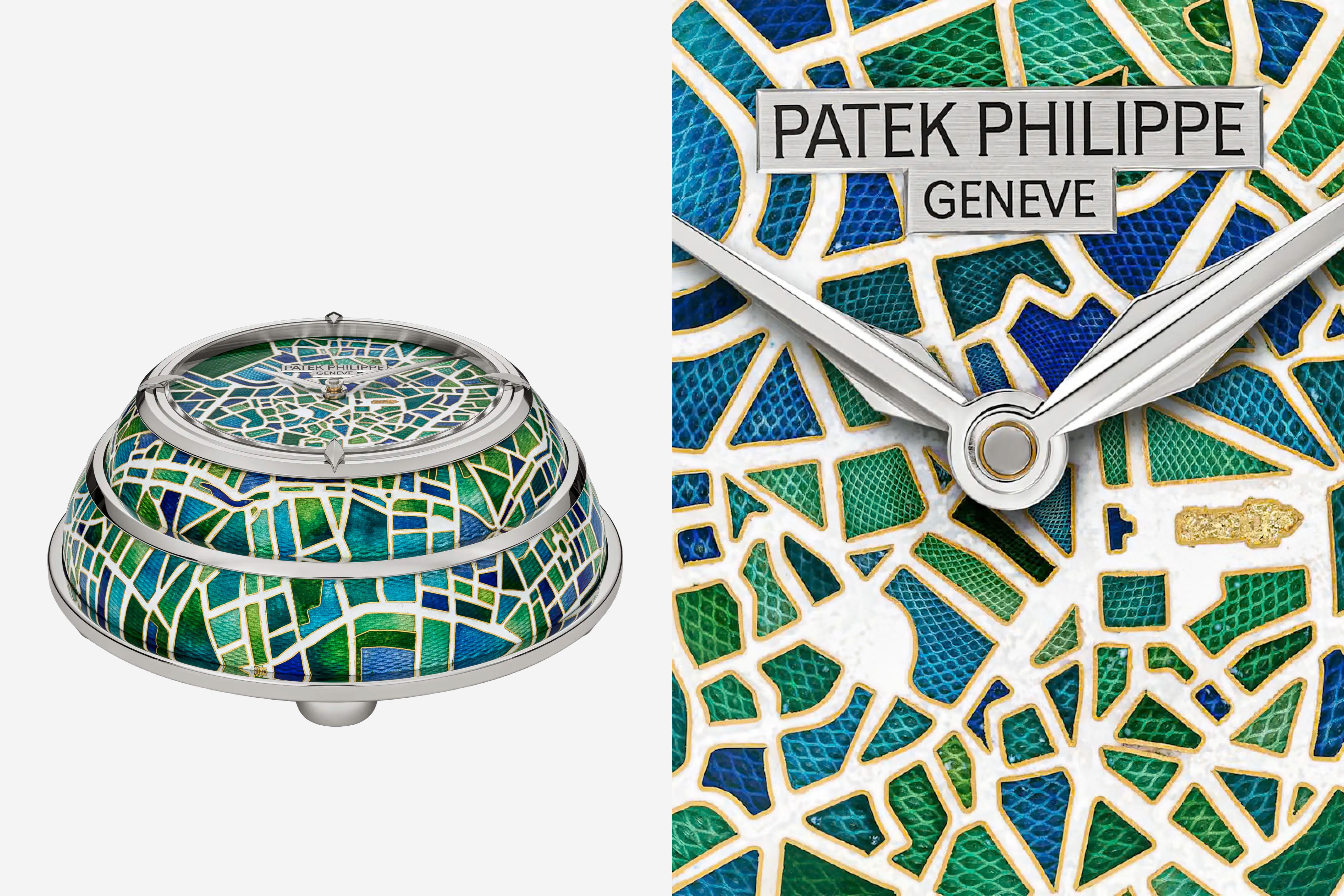 Un reloj de sobremesa abovedado con decoración de esmalte cloisonné, mostrado junto a un detalle de su esfera; la colección Rare Handcrafts va más allá de los relojes de pulsera.