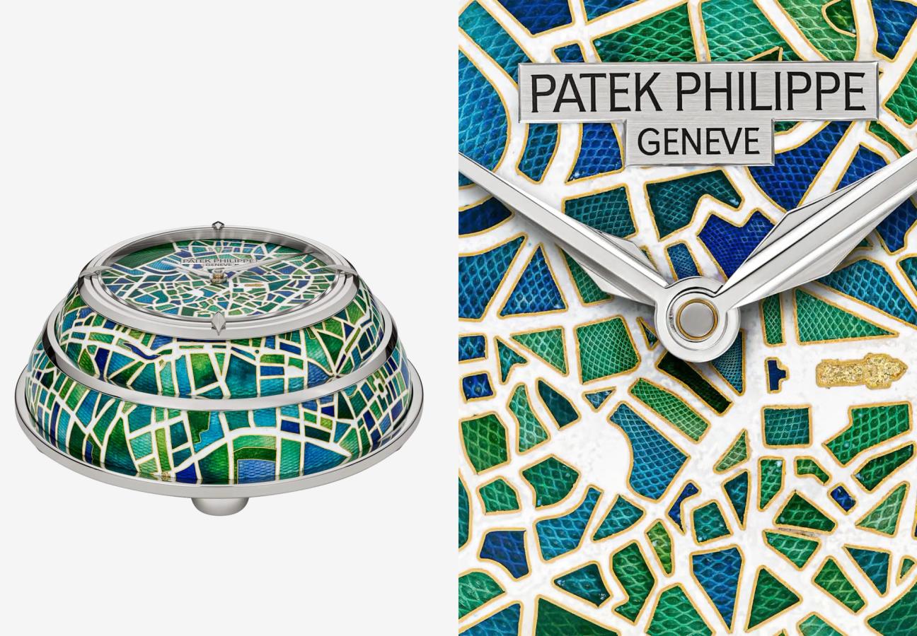 Un reloj de sobremesa abovedado con decoración de esmalte cloisonné, mostrado junto a un detalle de su esfera; la colección Rare Handcrafts va más allá de los relojes de pulsera.