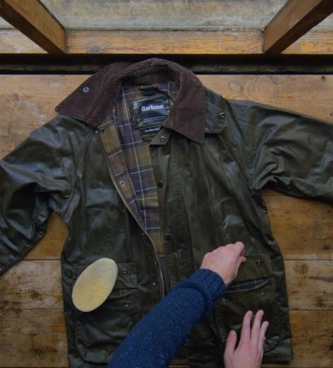 A Barbour waxed canvas jacket is rewaxed