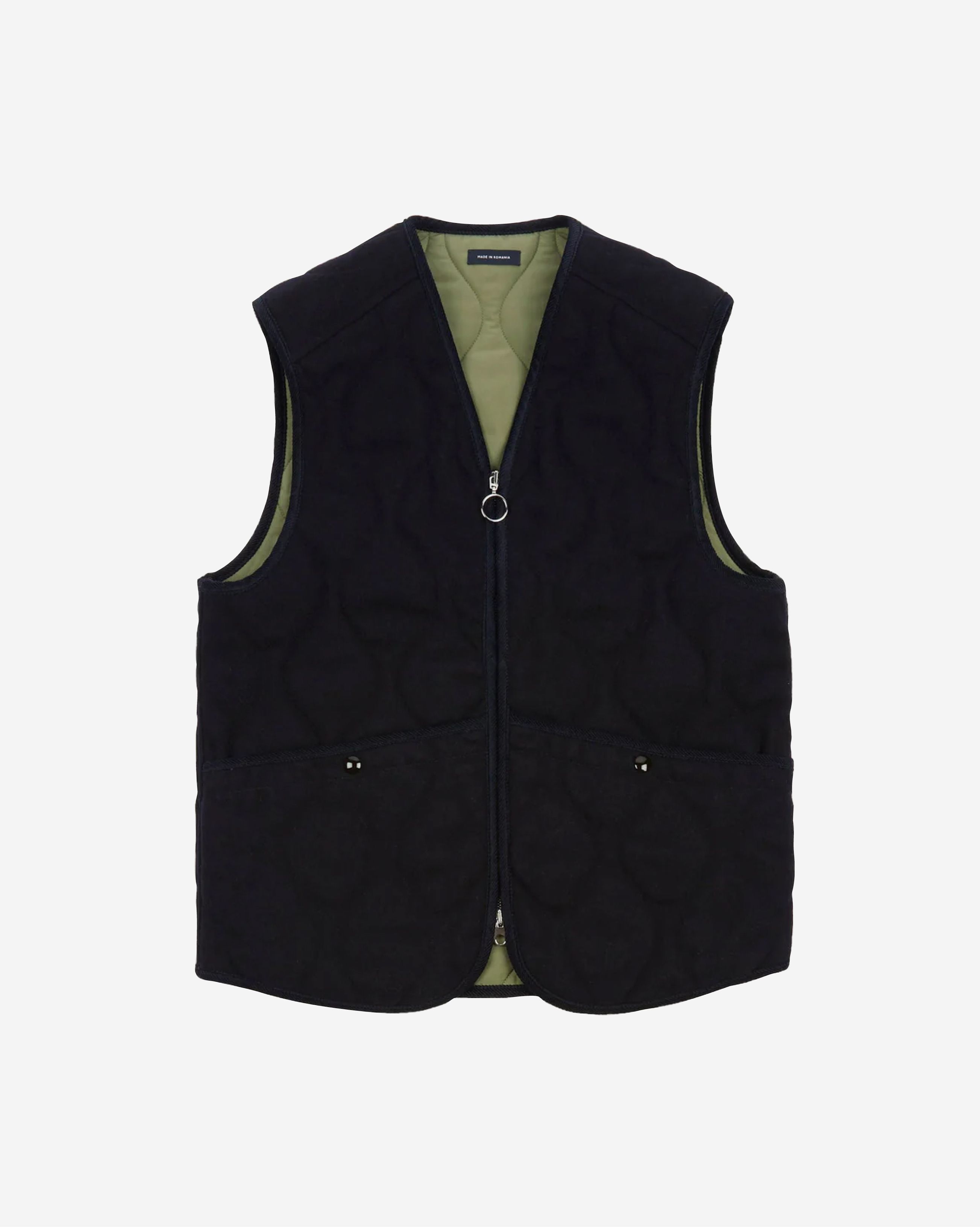Drake's Navy Quilted Melton Wool Zip Vest