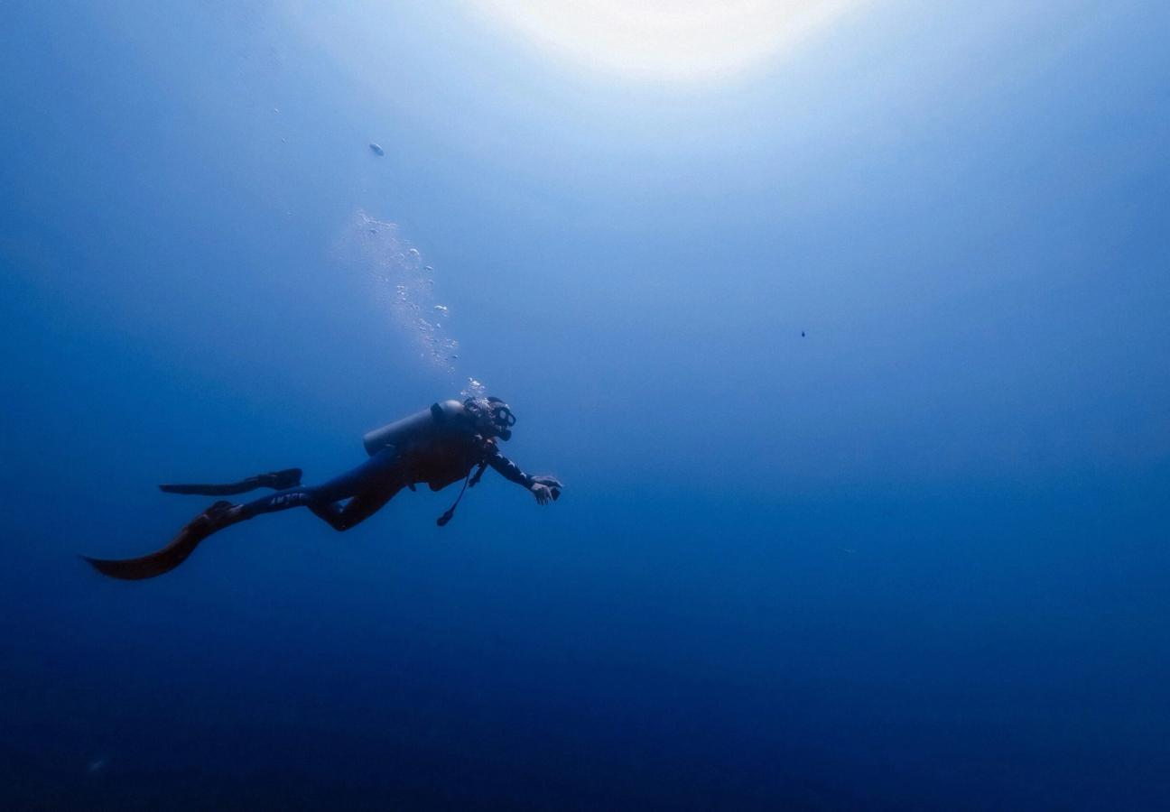 person dives to a reef in the ocean wearing full diving gear