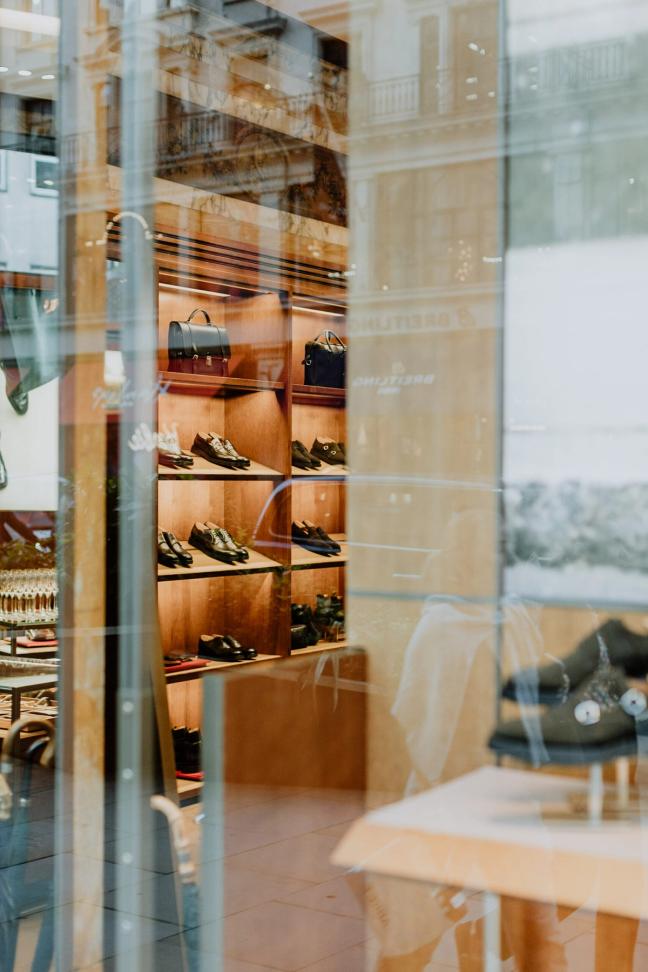 Shelves of Church's Shoes and bags in the London flagship store