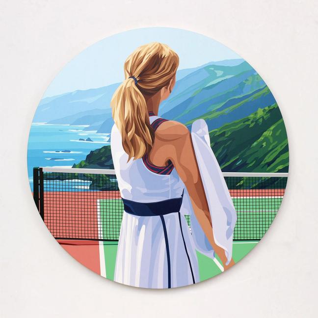 Will Martyr piece "This brings me peace" depicting a woman looking out over a tennis court and the coastline beyond.