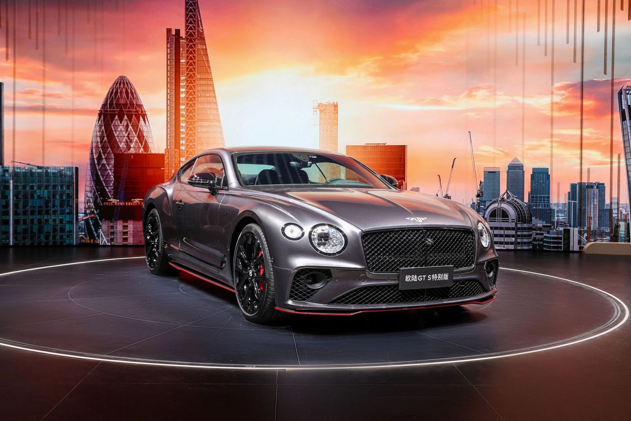 A one-of-one Bentley Continental GT S with the London Skyline behind