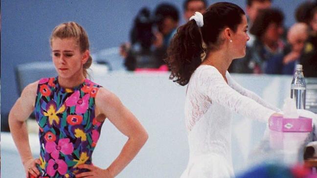 Tonya Harding and Nancy Kerrigan avoid each other during a training session for the 1994 Olympics.