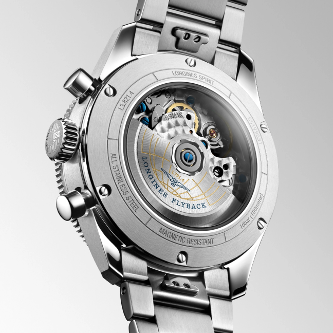 The back of a Longines Spirit Flyback watch with stainless steel bracelet