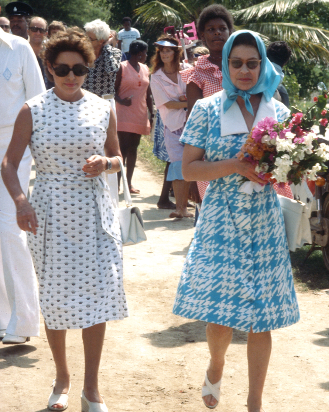 Princess Margaret shows Queen Elizabeth ll around Mustique during HRH and Prince Philip’s visit to the island, January 1st 1977.
