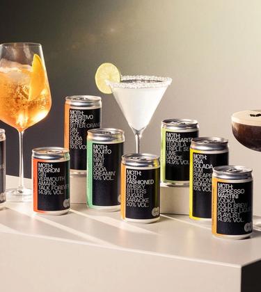Collection of MOTH cocktails with glasses of Aperitivo Spritz, Margarita and Espresso Martini in traditional glasses