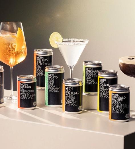 Collection of MOTH cocktails with glasses of Aperitivo Spritz, Margarita and Espresso Martini in traditional glasses