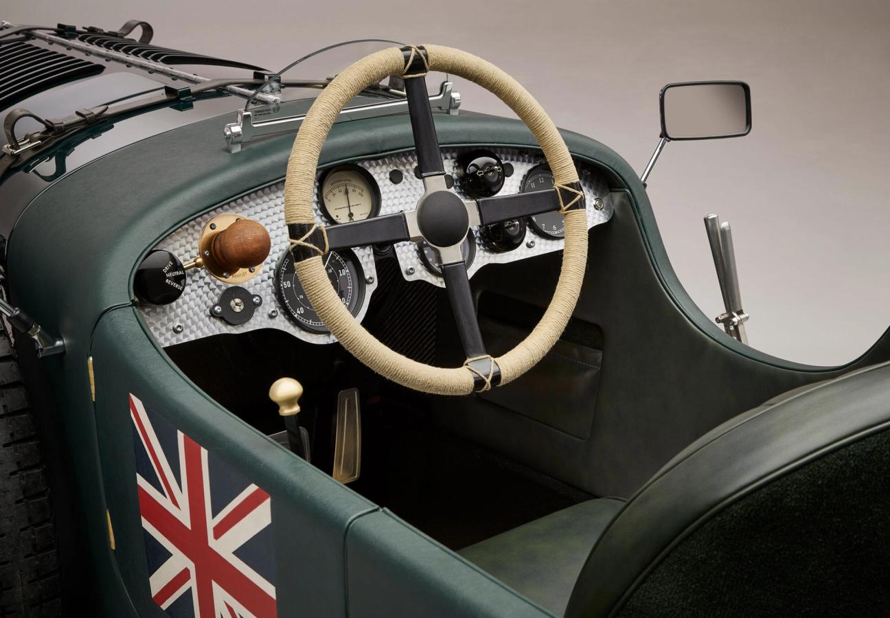 The Bentley Blower Jnr interior, steering wheel and dashboard