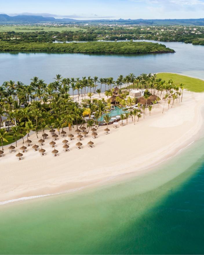 Aerial view of the beach and lagoon at One&Only Le Saint Géran