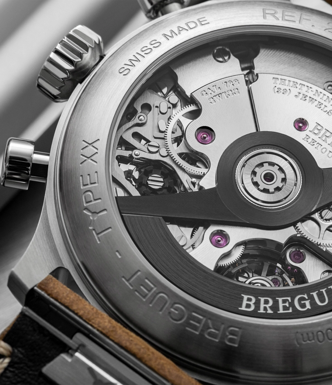 The back of a Breguet Type XX Chronographe 2067 watch