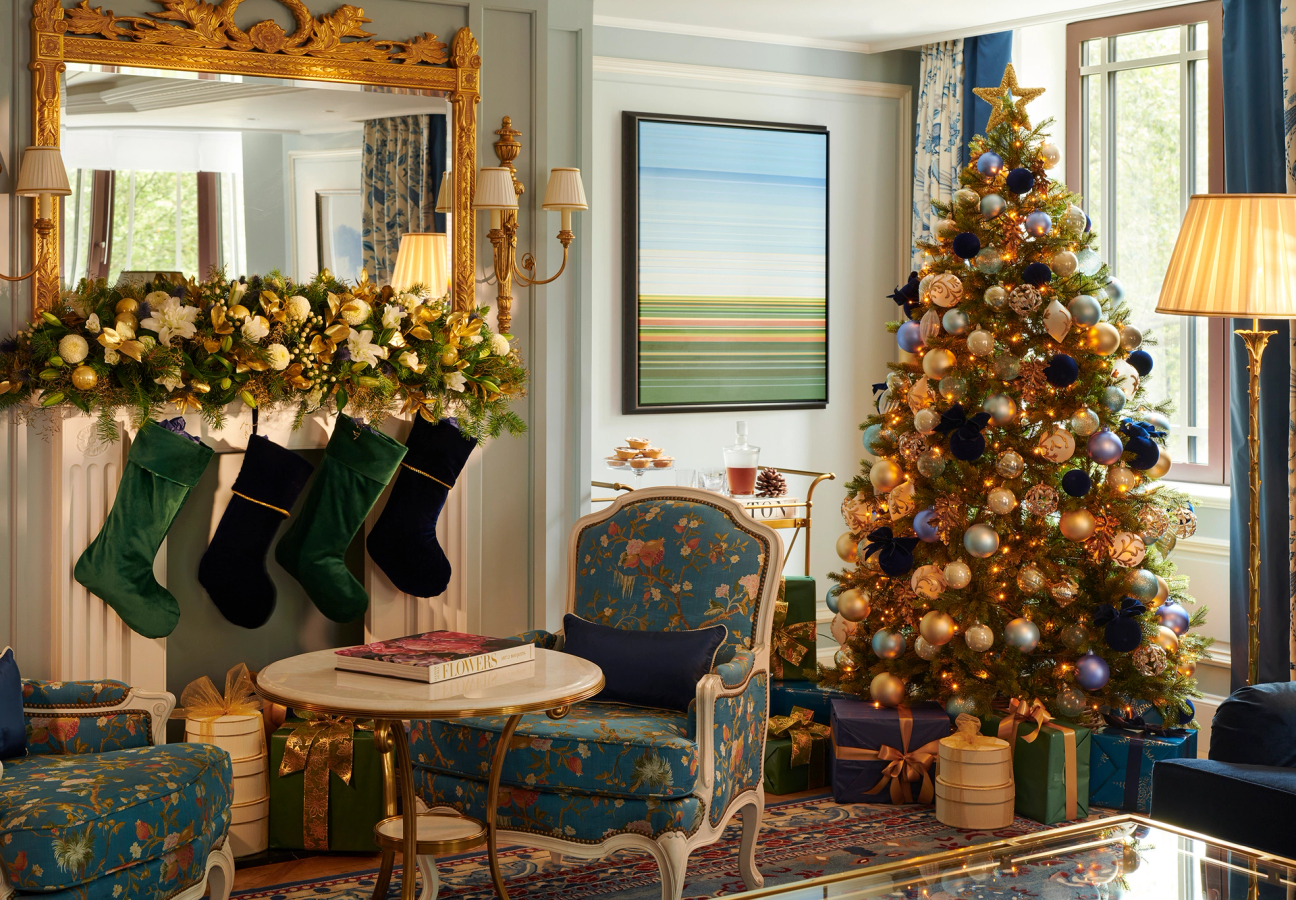 Living room decorated with Christmas stockings and tree at the Dorchester
